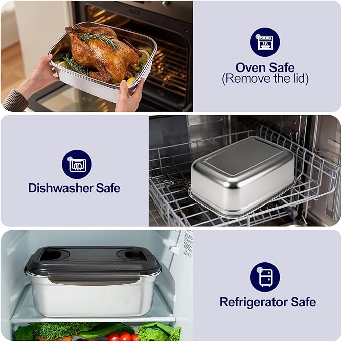 QCQHDU Stainless Steel Food Storage Containers, 5500 ML/ 186 oz / 23 Cup Large Food Storage Meal Prep Containers with Airtight Lids for Roasting Turkey, Chicken, Baking Casserole, Fruits, Party