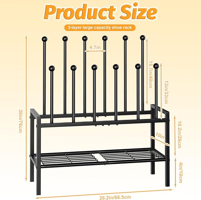 Freestanding Shoe Racks - 3 Tier Metal Boot Rack with 12 Long Posts Holds 6 Pairs Tall Boots, Shoe Storage Organizer for Entryway Closet Bedroom Hallway Indoor Outdoor