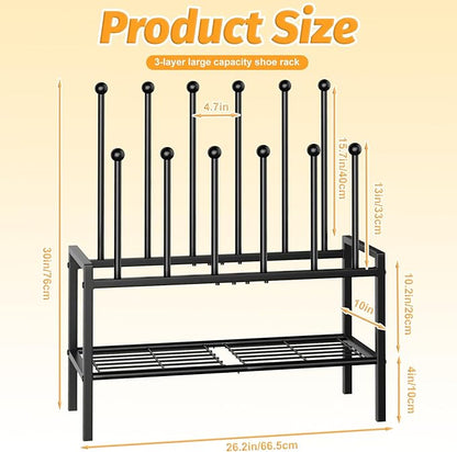 Freestanding Shoe Racks - 3 Tier Metal Boot Rack with 12 Long Posts Holds 6 Pairs Tall Boots, Shoe Storage Organizer for Entryway Closet Bedroom Hallway Indoor Outdoor