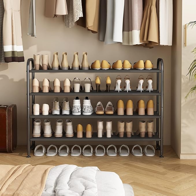 INGIORDAR Shoe Rack 4 Tier Long Storage Organizer Wide Metal Shoe Shelf for Closet Entryway Black