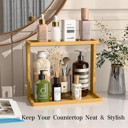 PEKER Bamboo Bathroom Organizer Countertop – Small Vanity Storage Shelf for Makeup, Perfume, Skincare – Natural Cosmetics Display Rack for Dresser, Sink, Kitchen – Natural