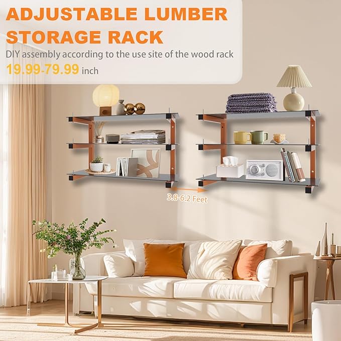 4 Pack Wall-Mounted Lumber Rack, Heavy Duty Wood Storage Racks, 6-Level System Garage Shelving, 1320 LBS Capacity Hanging Organizer Shelves, Orange Brackets Utility Metal Shelf for Indoor and Outdoor