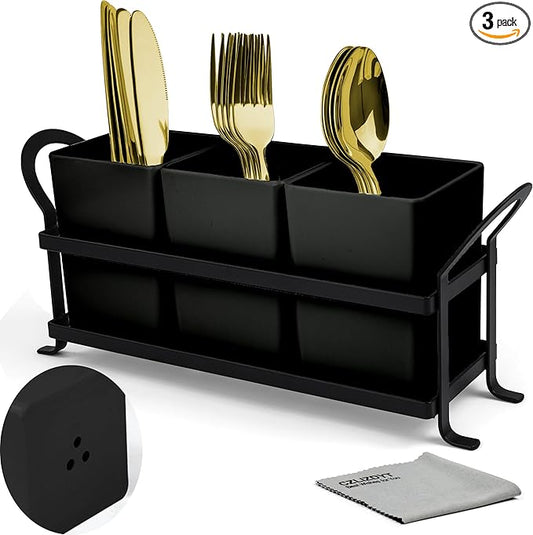 Czlizdyt Cutlery Holder with Drain Holes, Silverware Caddy for Party Countertop, 3pcs Bins Set Utensil Holders for Spoon and Fork, Black
