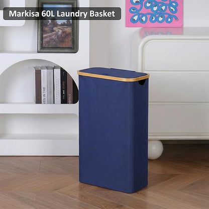 Slim Laundry Basket,60L Laundry Hamper with Lid, Tall Hamper for Laundry,Dirty Cloth Hamper with Bamboo Handle for Toys,Towels, Clothes Organizing, Navy Blue