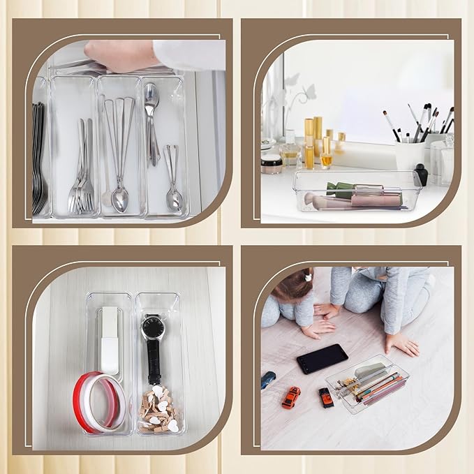 Dimeho 12 PCS Drawer Organizers Clear Plastic Vanity Drawer Dividers Kitchen Silverware Utensil Storage Desk Storage Tray for Bathroom Bedroom Office Makeup Jewelry 9 x 3 x 2 Inches
