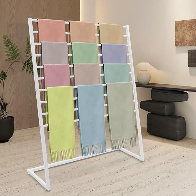 10 Tier Scarf Display Stand, 47.24In Metal Scarf Holder Organizer, Freestanding Scarf Rack for Commercial Clothing Retail Store Towel Rack Ties Belt Pants Hanging Rack (White)