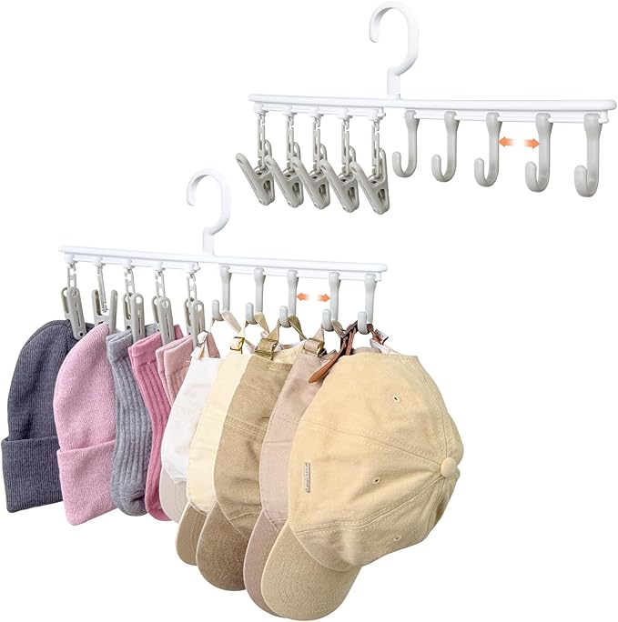 Hat Rack with 5 Hooks & 5 Clips, Adjustable Slide Rails - Space Saving Closet Organizer for Scarves, Belts, Ties, Hats, Underwear