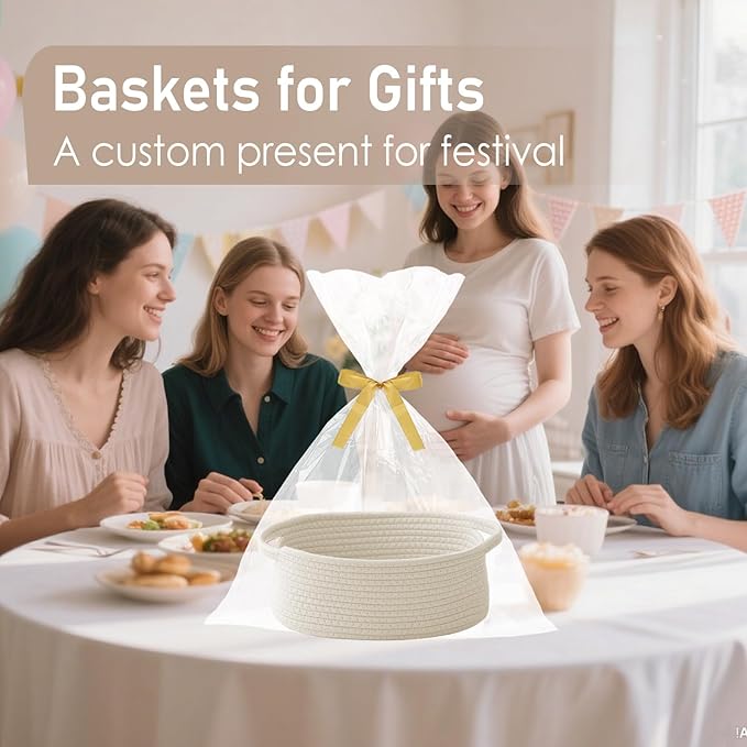 JMvicyroam Woven Basket,Small Rope Storage Bin with Handles & Ribbon Bag, Organizer for Shelves Closets,Gift Basket Empty for Birthday,Books,Dog Toys,White/2 Pack
