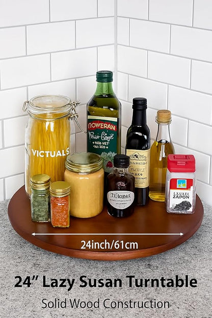 24 Inch Round Wooden Lazy Susan Turntable, Pinewood Rotating Tray, Kitchen Cabinet Storage Organizer
