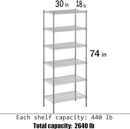 18" Deep x 30" Wide x 74" Height Wire Shelving Kit | 6-Tier | NSF Commercial Storage Rack Unit
