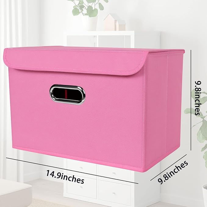 STOREONE Fabric Storage Cube Bins Foldable Organizer Container Collapsible Basket with Lids and Metal Handles, for Home, Bedroom, Closet 8 Pcs (Pink)