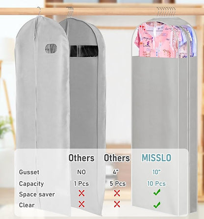 MISSLO 10" Gusseted Garment Bags for Hanging Clothes Storage 60" Dress Bags for Gowns Long Breathable Dress Cover for Closet Storage Coat Protector, 3 Packs, Grey