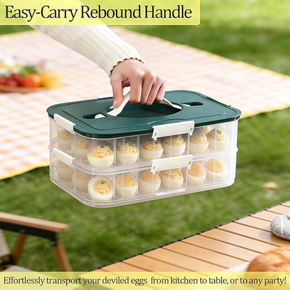 VitalYang Deviled Egg Container with Lid, Double Layer Egg Container, 36 Count Deviled Egg Tray- Secure Lock & Handle, Stackable, Leak-Proof Design for Parties & Catering, Green