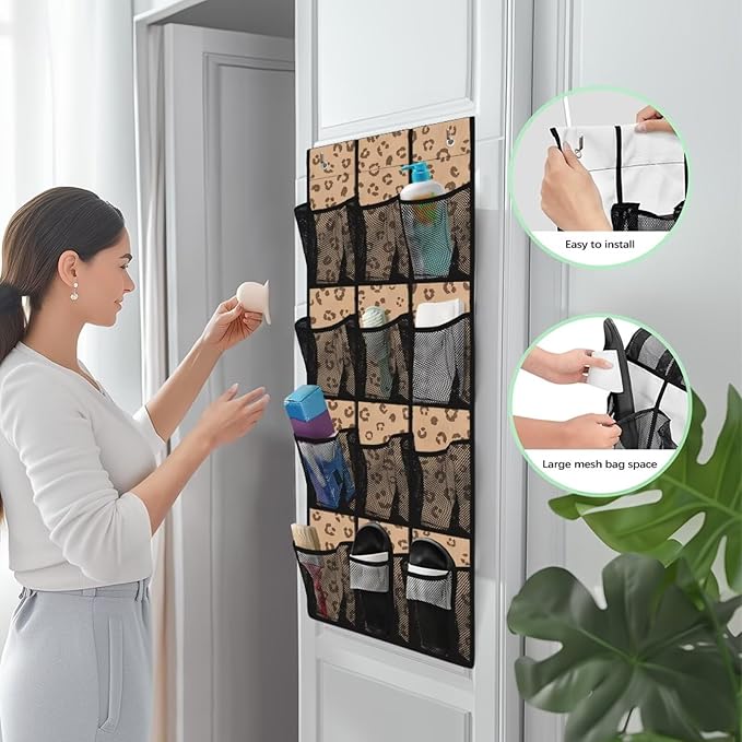 Leopard Print Over the Door Shoe Organizer,Shoe Organizer Door Hanger,Shoes Hanger Storage Organizer Bag for Bedroom