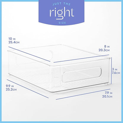 Plastic Food Storage 8 Pack Clear Container Bin with Handles for Organizing Kitchen, Pantry, Refrigerator, Freezer, Pantry, Cabinet, Closet, Bathroom. Stackable 10”x6”x3”