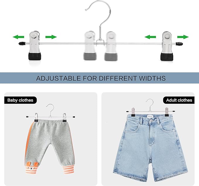 Metal Pants Hangers with Clips, Lightweight Skirt Hangers, 13 Inch, Strong Grip Clips, Black and Silver, 15 lb Capacity