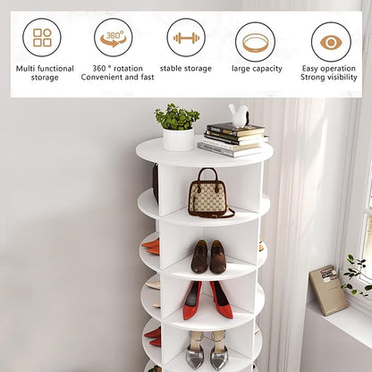 Rotating Shoe Rack Tower, 360-Degree Circular Storage Organizer for Shoes and Handbags, Vertical Space-Saving Cabinet for Entrance Hall, Independent Rotating Shoe Shelf （A-White）