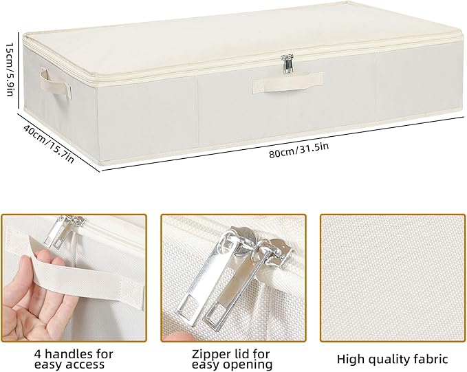 Under Bed Storage Containers, Storage Bins With Lids, Clothes Organizers With Sturdy Structure and Reinforced Handles, Beige, 2 Pack, 31.5 x 15.7 x 5.9 Inch