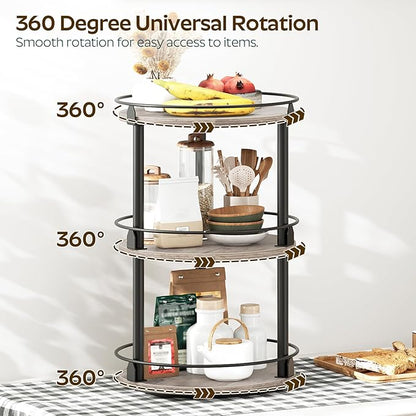 YATINEY 3-Tier Lazy Susan Organizer, Rotating Spice Rack, Spinning Organizer, Industrial Turntable Spice Rack Organizer for Cabinet, Kitchen Countertop, Greige and Black SR23BG