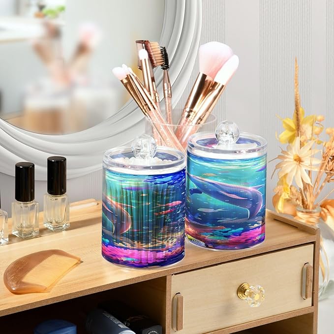ALAZA 2 Pack Qtip Holder Dolphin Colorful Coral Ocean, Cotton Swab Dispenser with Lid Bathroom Containers Canister Organizer Storage Jar