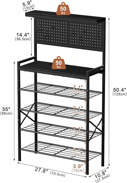 Tall Shoe Rack, 6-Tier Wooden Shoe Storage with Hole Panel, 7 Hooks, for 16-20 Pairs, Wooden Top Shelf, Sturdy, Industrial, Entryway Organizer, Closet Hallway Bedroom Dorm, Black
