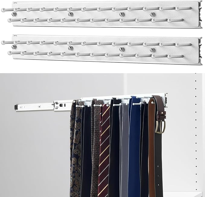 Blulu 2 Pcs 13.8'' Sliding Tie Rack Hangers for Closet, 25(Total 50) Tie Pull Out Wall Mounted Extending Sturdy Metal Belt Organizer Holder for Men Belt Storage, Sliver