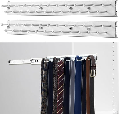 Blulu 2 Pcs 13.8'' Sliding Tie Rack Hangers for Closet, 25(Total 50) Tie Pull Out Wall Mounted Extending Sturdy Metal Belt Organizer Holder for Men Belt Storage, Sliver