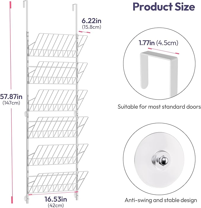 SWTYMIKI Over The Door Shoe Organizer - Adjustable 6 Tier Hanging Shoe Rack Organizer, Metal Heavy Duty Behind Door Storage or Wall Mount Shoes Shelf for Flats, Heels, Sneakers, Boots