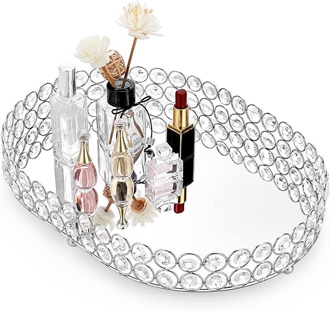 Hipiwe Crystal Vanity Tray, Mirrored Dresser Perfume Trays for Makeup Tray Cosmetic Skin Care Storage, Jewelry Trinket Organizer Tray for Bathroom Countertop Home Decor, Large