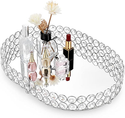 Hipiwe Crystal Vanity Tray, Mirrored Dresser Perfume Trays for Makeup Tray Cosmetic Skin Care Storage, Jewelry Trinket Organizer Tray for Bathroom Countertop Home Decor, Large
