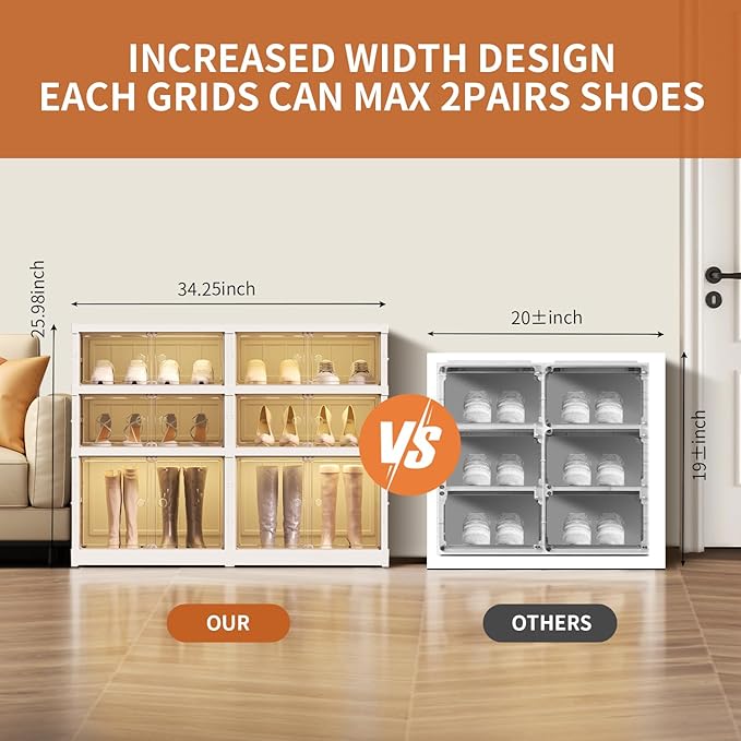 CIMLORD 3-Tier Foldable Shoe Rack Organizer for Closet 12Pairs Plastic Shoe Shelf Collapsible Shoes Storage Box Clear Shoe Boxes Stackable with Door Easy Assembly Shoe Cabinet with Lids Large