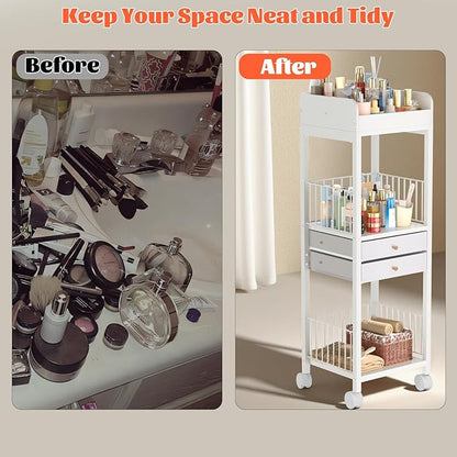 Makeup Organizer Cart, Rolling Floor Skincare Organizer and Storage with 2 Drawers, Versatile Makeup Vanity Display Cases Holder for Skin Care, Cosmetics, Perfume, Nail Polish, Makeup Brush, Hair Tool