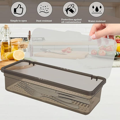 6 Pcs Flatware Tray with Lid Large Plastic Drainer Silverware Utensil Clear Drawer Organizer Cutlery Storage Container Box Dinnerware Holder with Cover for Home Kitchen Travel