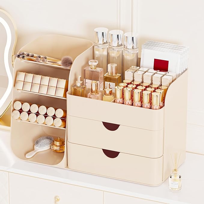 Booklov Makeup Organizer for Vanity, Countertop Cosmetic Display Case with Drawer, Bathroom Counter Beauty Caddy, Comfyroom Table Storage Holder for Skincare, Brush Eyeliner Eyeshadow Lipsticks, Creem