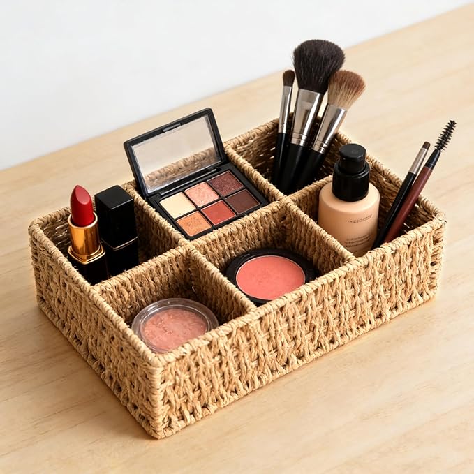 Makeup Organizer, Hand-woven Wicker Basket for Dresser and Bathroom Countertop Organizer, 6 Compartments Makeup Brush Holder Skincare Organizer, Cosmetic Storage for Lipstick Eyeshadow Palette