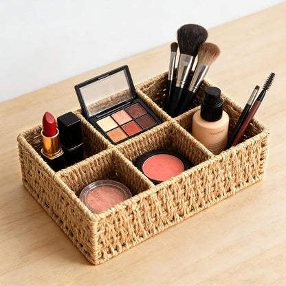 Makeup Organizer, Hand-woven Wicker Basket for Dresser and Bathroom Countertop Organizer, 6 Compartments Makeup Brush Holder Skincare Organizer, Cosmetic Storage for Lipstick Eyeshadow Palette