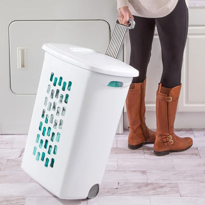 Sterilite 3-Pack Ultra Wheeled Hamper, Laundry Basket w/ Flip-Top Lid & Retractable Handle - Plastic Rolling Clothes Storage Cart with Ventilated Holes for Home, Apartment or Dorm