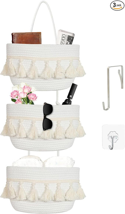 Over the Door Organizer Nursery - Cotton Boho Decor 3 Tier Wall Hanging Basket, Decorative Hanging Storage Organizer for Nursery Bathroom Bedroom Laundry Dorm Kitchen