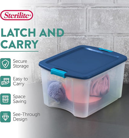 Sterilite 18 Gal Latch and Carry, Stackable Storage Bin with Latching Lid, Plastic Container to Organize Closets, Clear with Blue, 18-Pack