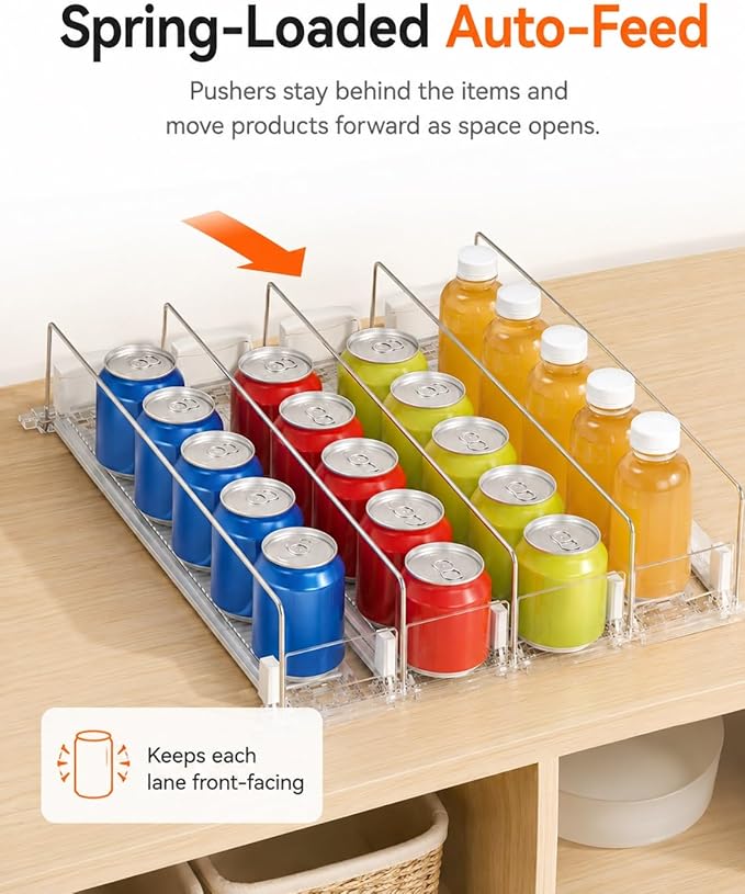 Can and Bottle Sliding Organizer Tray,Front-Fridge Self-Feed Beverage Rack for Kitchen,Pantry,Convenience Store,Retail Shelves(75-410 mm)