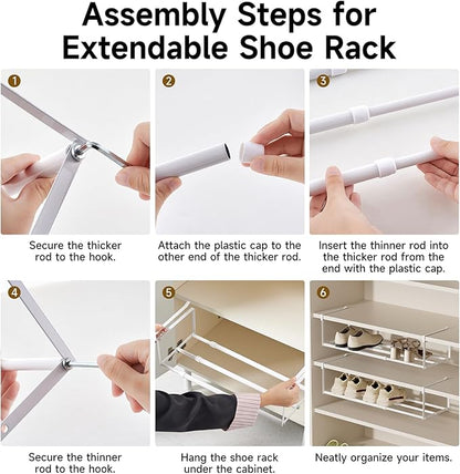 UFORU Expandable Hanging Shoe Rack Organizer for Closet, Adjustable Shoe Rack Under Cabinet Shelf, Versatile Under Shelf Storage for Kitchen, Book, Clothing Storage and Organization(White,4PCS)