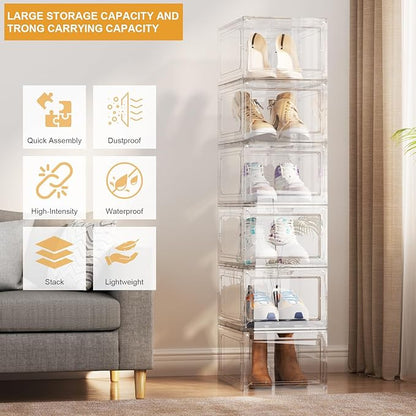 Shoe Box,Set of 6,Stackable Plastic Clear Shoe Box Organizer with Magnetic Door,Shoe Storage Box Thicken Sturdy,Easy Assembly,Fit up to US Size(Front opening door, Clear)