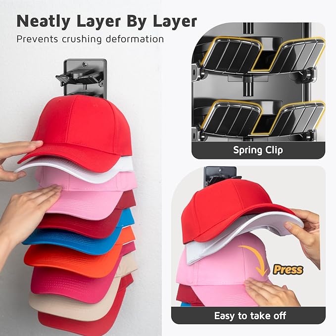 Accevo Spring Clip Hat Organizer Hold Storage 20 Caps for Baseball Caps (2-Pack), Hat Holder with Strong Adhesive and 8 Pack Screws, Hat Storage Display Holder for Closet Door and Wall
