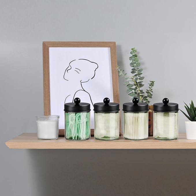 3 Pack Apothecary Jar Canisters Bathroom Vanity Organizer - Qtip Holder Storage Organizer Set Countertop Canister with Stainless Steel Lids &Cute Stickers for Qtips,Cotton Swabs,Makeup Sponges,Floss