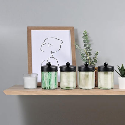 3 Pack Apothecary Jar Canisters Bathroom Vanity Organizer - Qtip Holder Storage Organizer Set Countertop Canister with Stainless Steel Lids &Cute Stickers for Qtips,Cotton Swabs,Makeup Sponges,Floss
