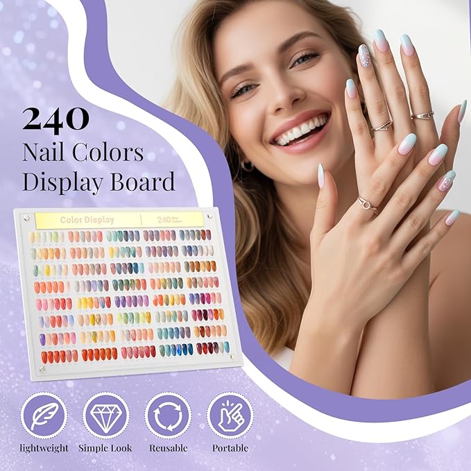 Segbeauty 240 Colors Large Nail Art Display Board Set, Acrylic Fingernail Color Showing Shelf for Displaying and Practice, Nails Stand with False Nail Tips Double Sided Tape Tweezers and Number Labels