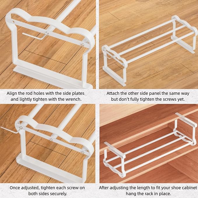 Expandable Hanging Shoe Rack for Closet, 2 Pack Retractable Metal Under Shelf Rack, Adjustable Under Cabinet Storage Shelf & Partition Organizer for Wardrobe, Kitchen, White