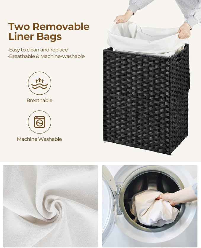 Greenstell Laundry Hamper with Lid, 90L Clothes Hamper with 2 Removable Liner Bags & 2 Mesh Laundry Bags, Handwoven Synthetic Rattan Laundry Basket for Clothes, Toys in Bathroom, Bedroom Black