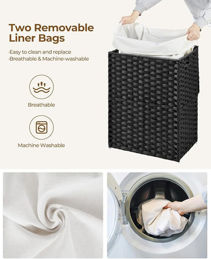 Greenstell Laundry Hamper with Lid, 90L Clothes Hamper with 2 Removable Liner Bags & 2 Mesh Laundry Bags, Handwoven Synthetic Rattan Laundry Basket for Clothes, Toys in Bathroom, Bedroom Black