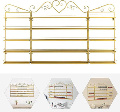5-Tier Wall-Mounted Nail Polish Storage Racks Set of 3, Metal Cosmetic Display Case with Lipstick Perfume Shelf, Essential Oil Organizer for Home Spa Nail Salon Shop(Gold)